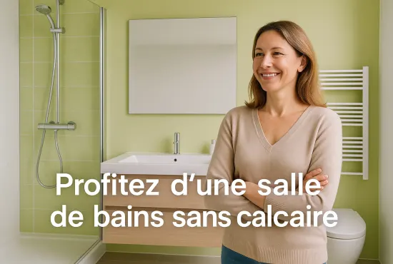 Femme souriante admirant sa salle de bains propre et sans calcaire