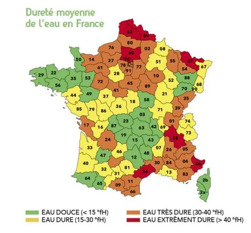 Carte de la dureté moyenne de l'eau en France par département, classée de eau douce à extrêmement dure (°fH).