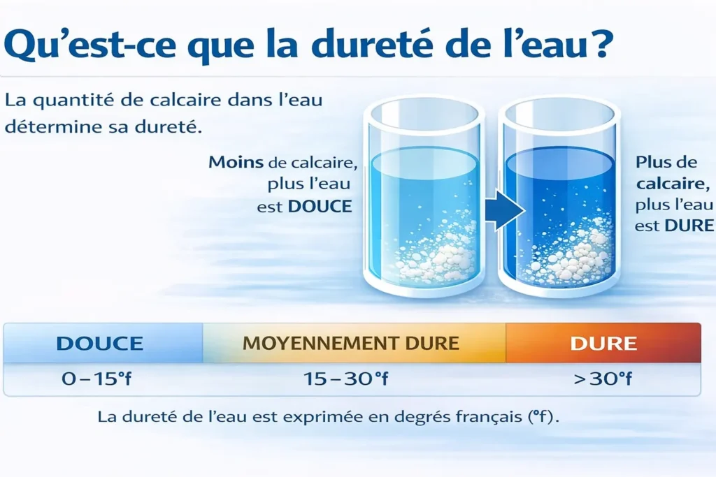 Échelle de dureté de l'eau en degrés français °f : eau douce, moyennement dure et dure