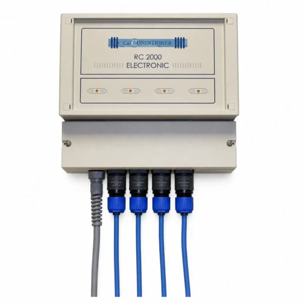 Détartreur électronique Calconditioner RC2000, monté au mur avec quatre bobines de signal bleues enroulées autour d'une conduite de 28 à 42 mm.