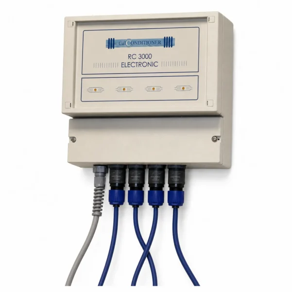 Détartreur électronique Calconditioner RC3000, monté au mur avec quatre bobines de signal bleues enroulées autour d'une conduite de 42 à 80 mm.